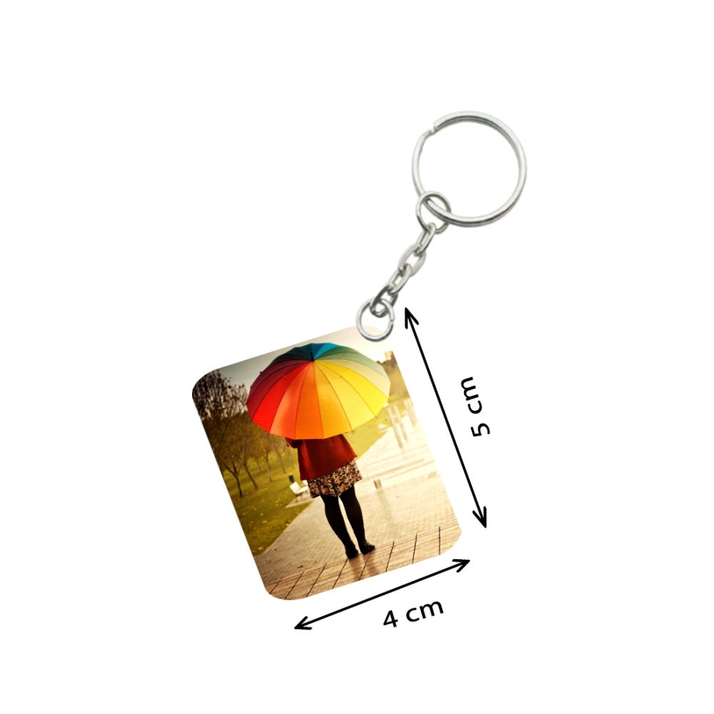 Amfyn Pack Of 3_ Girl Under Umbrella One Side Printed Rectangle Designer Keychain (Multi Color)