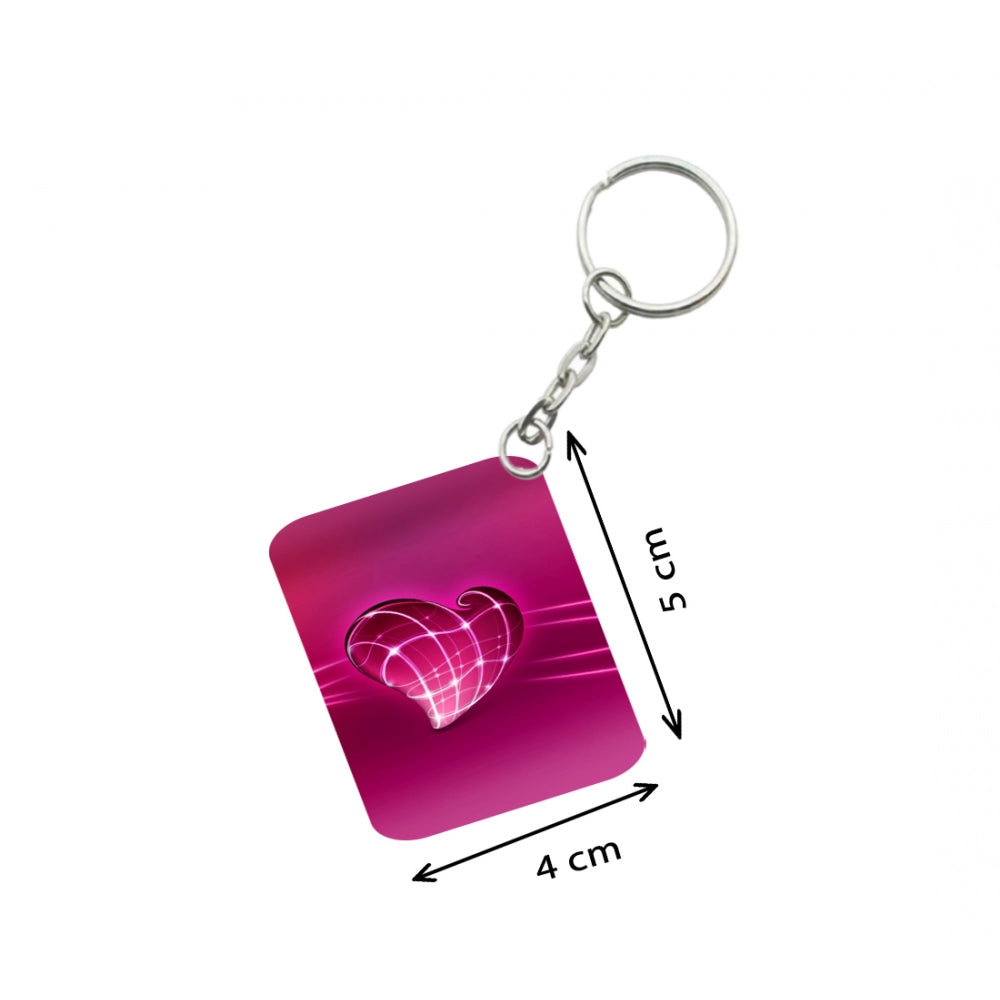 Amfyn Pack Of 3_ Pink Heart One Side Printed Rectangle Designer Keychain (Pink)