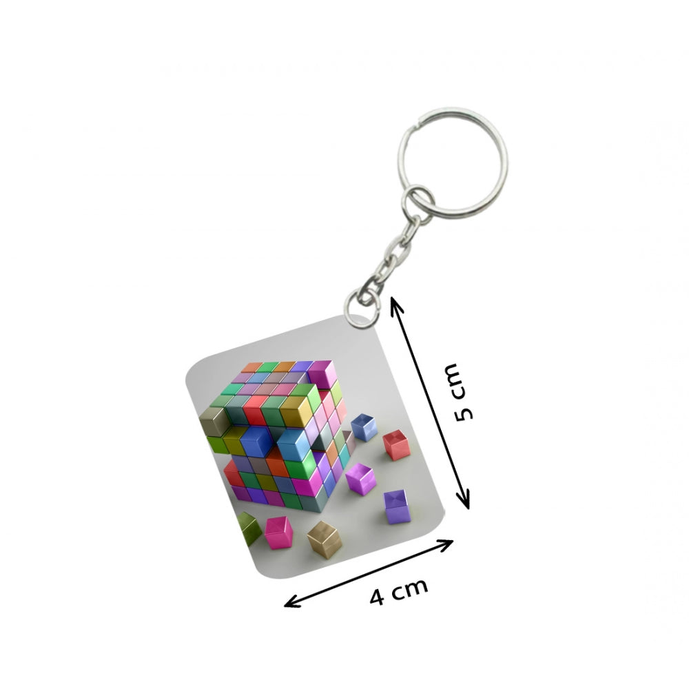 Amfyn Pack Of 3_ 3D Cubes One Side Printed Rectangle Designer Keychain (Multi Color)