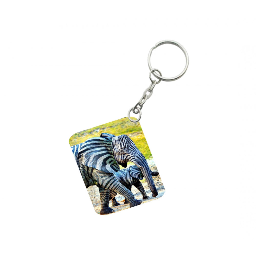 Amfyn Pack Of 3_ Zebra Elephant One Side Printed Rectangle Designer Keychain (Black and White)