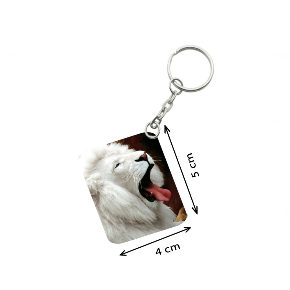 Amfyn Pack Of 3_ White Lion One Side Printed Rectangle Designer Keychain (White)