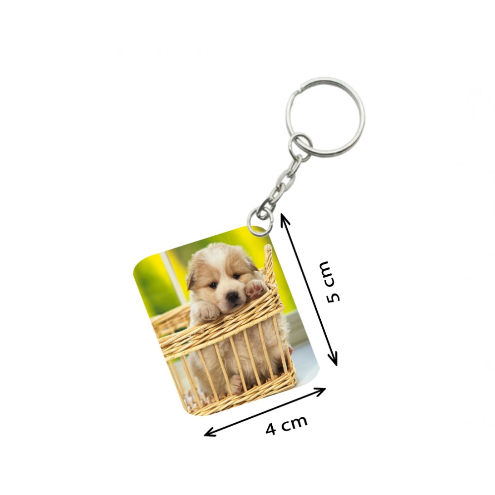 Amfyn Pack Of 3_ Basket Dog One Side Printed Rectangle Designer Keychain (Brown)