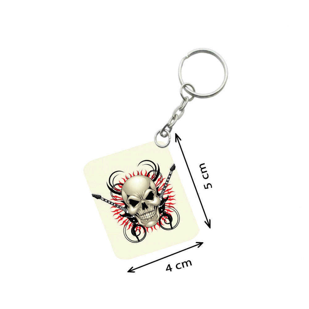 Amfyn Pack Of 3_ Skull With Music One Side Printed Rectangle Designer Keychain (White)