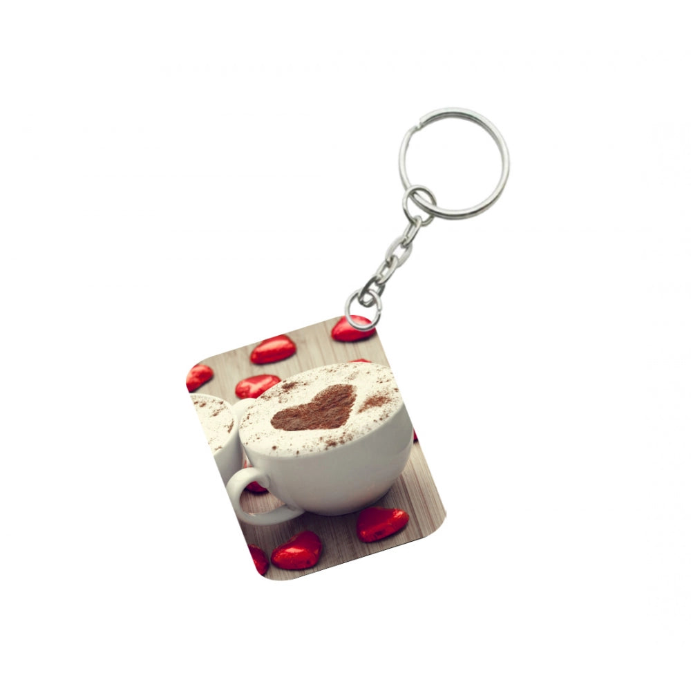 Amfyn Pack Of 3_ Cup Of Coffee With Heart-Shaped Froth One Side Printed Rectangle Designer Keychain (White)