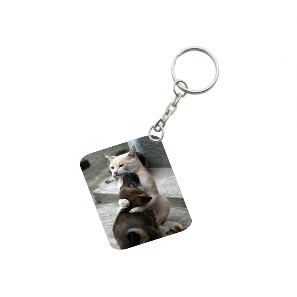 Amfyn Pack Of 3_ Cat Love One Side Printed Rectangle Designer Keychain (Brown)