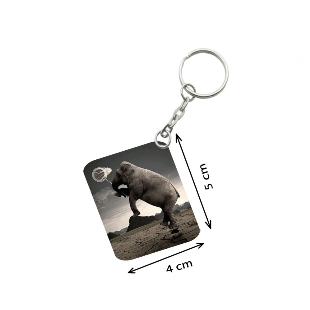 Amfyn Pack Of 3_ Elephant Clip Art One Side Printed Rectangle Designer Keychain (Black)