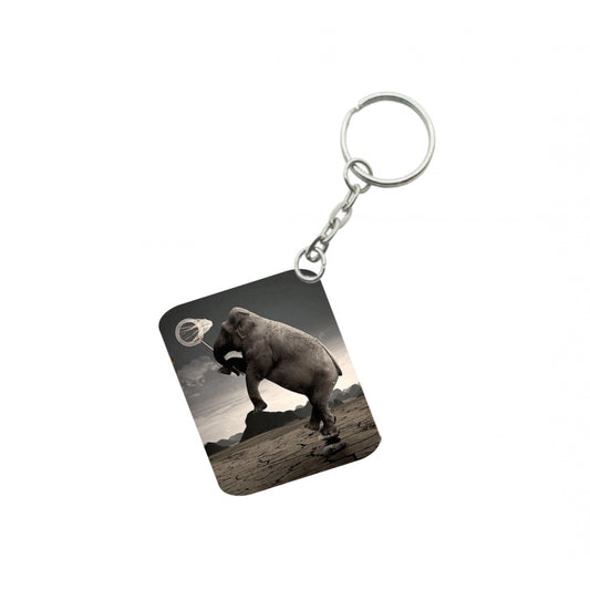 Amfyn Pack Of 3_ Elephant Clip Art One Side Printed Rectangle Designer Keychain (Black)