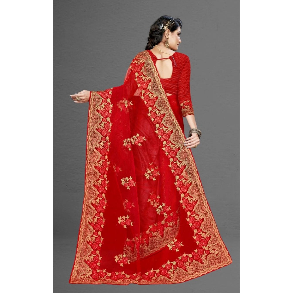 Amfyn Women's Net Saree With Blouse (Red, 5-6Mtrs)