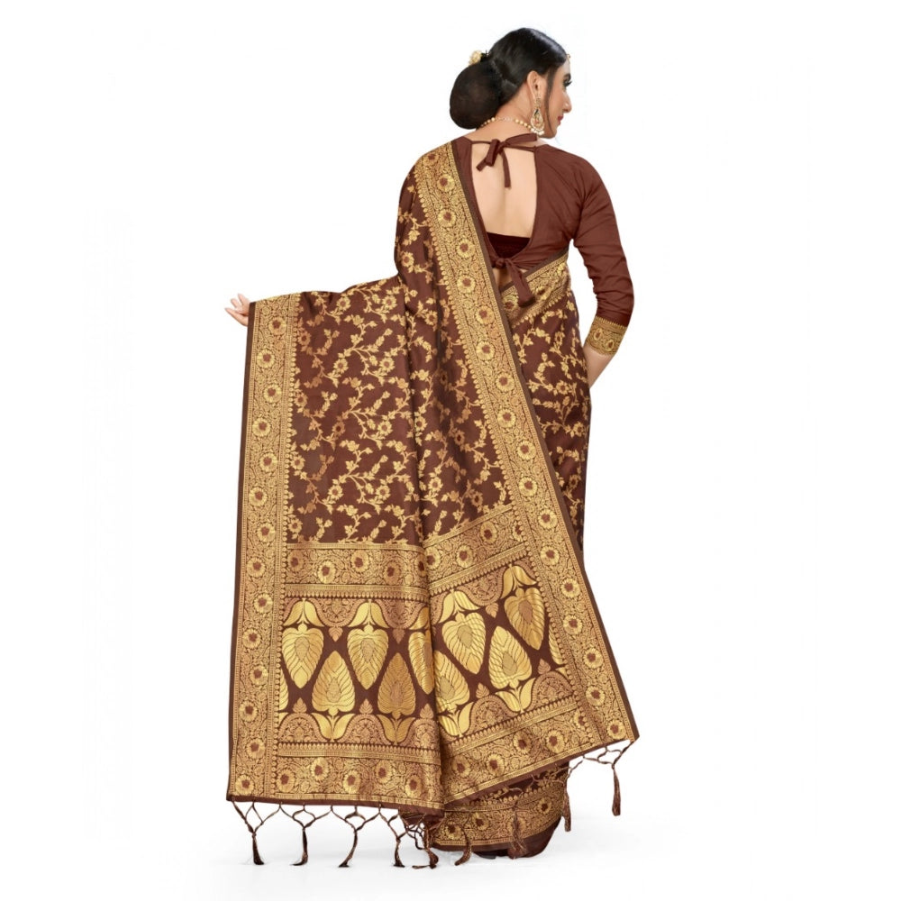 Amfyn Women's Banarasi Silk Saree With Blouse (Coffee, 5-6Mtrs)