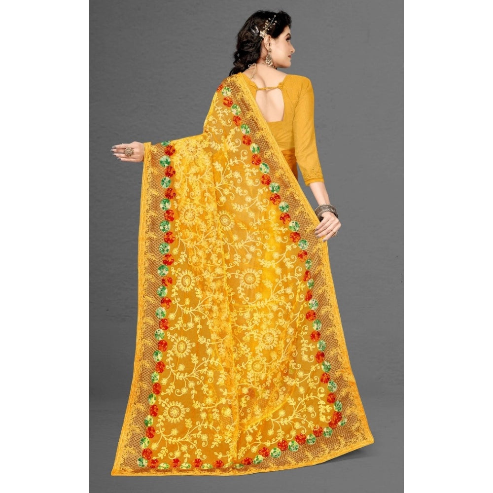 Amfyn Women's Net Saree With Blouse (Yellow, 5-6Mtrs)