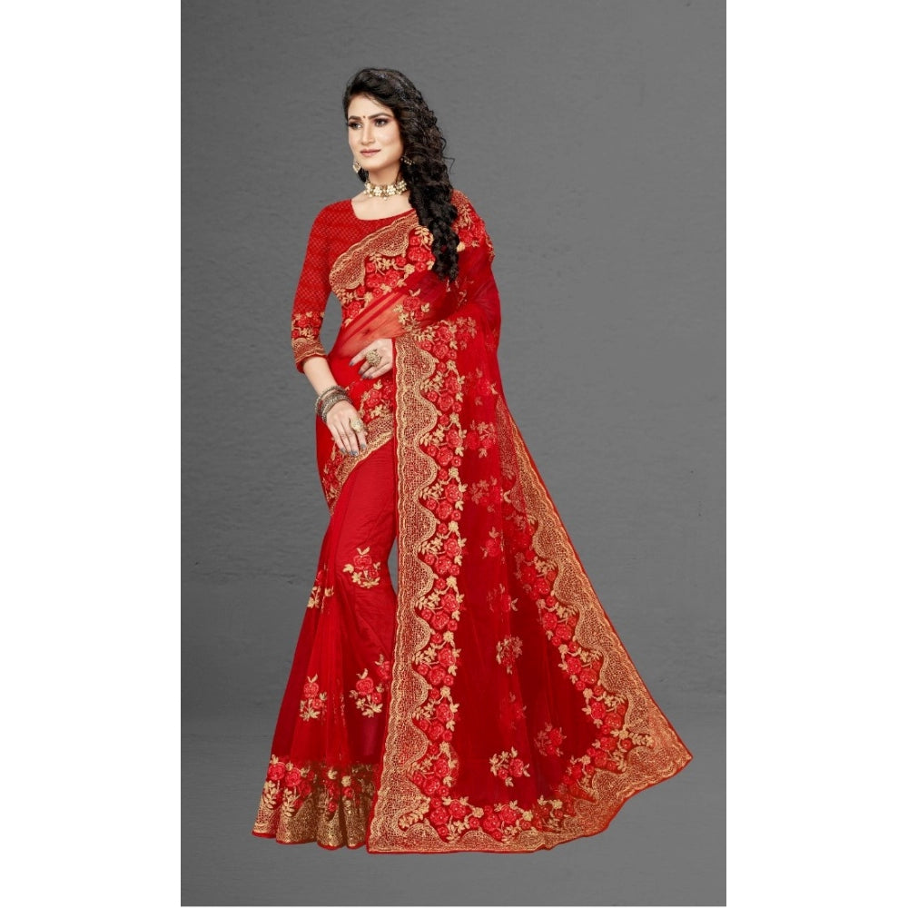 Amfyn Women's Net Saree With Blouse (Red, 5-6Mtrs)