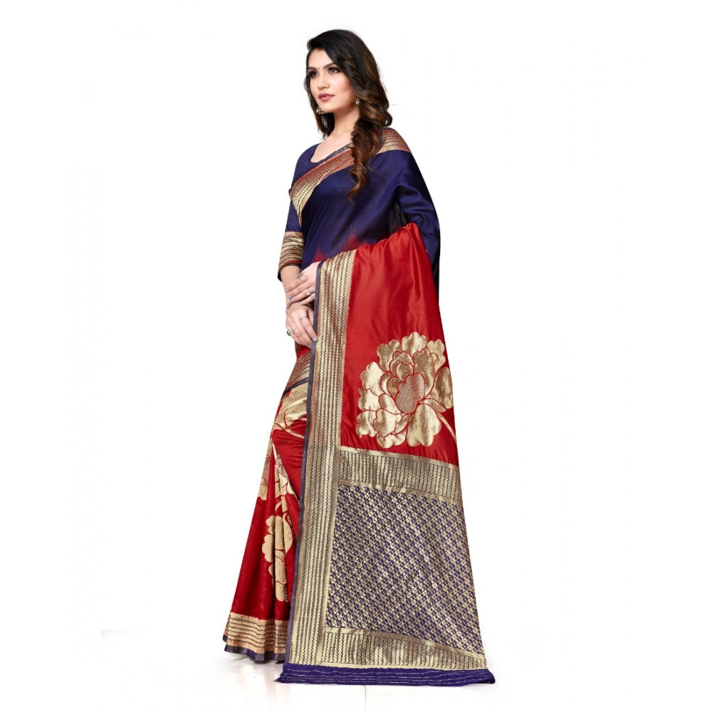 Amfyn Women's Banarasi Silk Saree With Blouse (Navy Blue, Red, 5-6Mtrs)