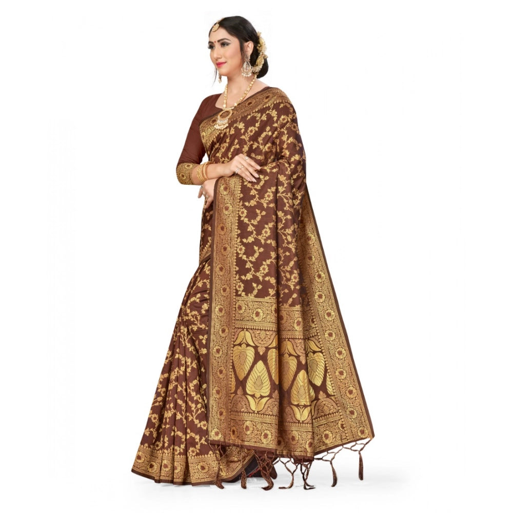 Amfyn Women's Banarasi Silk Saree With Blouse (Coffee, 5-6Mtrs)