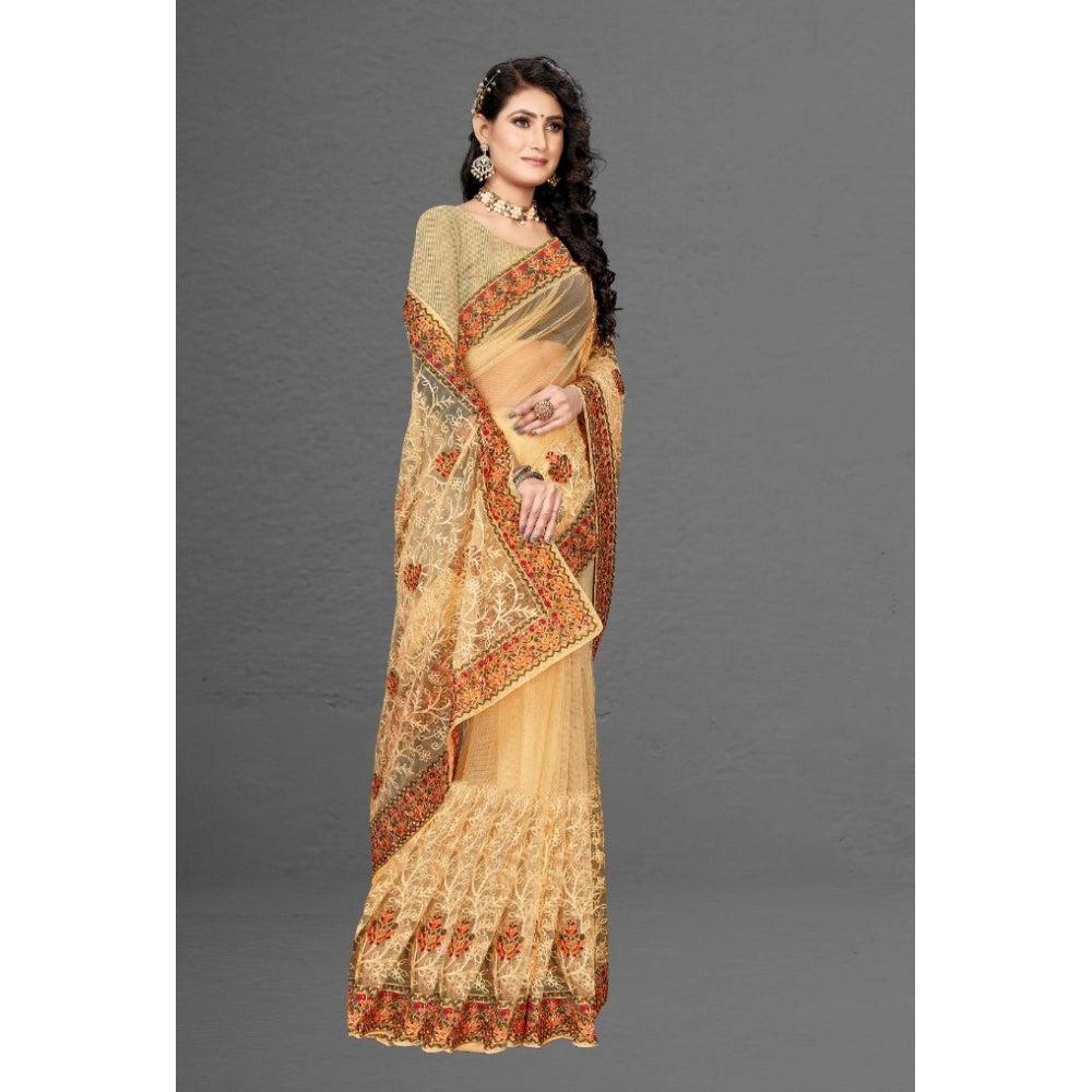 Amfyn Women's Net Saree With Blouse (Chiku, 5-6Mtrs)