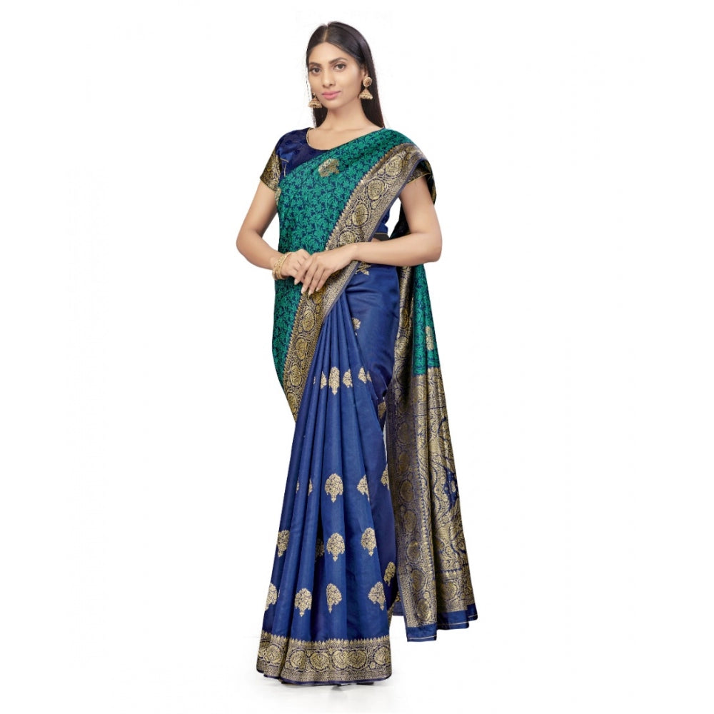 Amfyn Women's Banarasi Silk Saree With Blouse (Navy Blue, Rama, 5-6Mtrs)