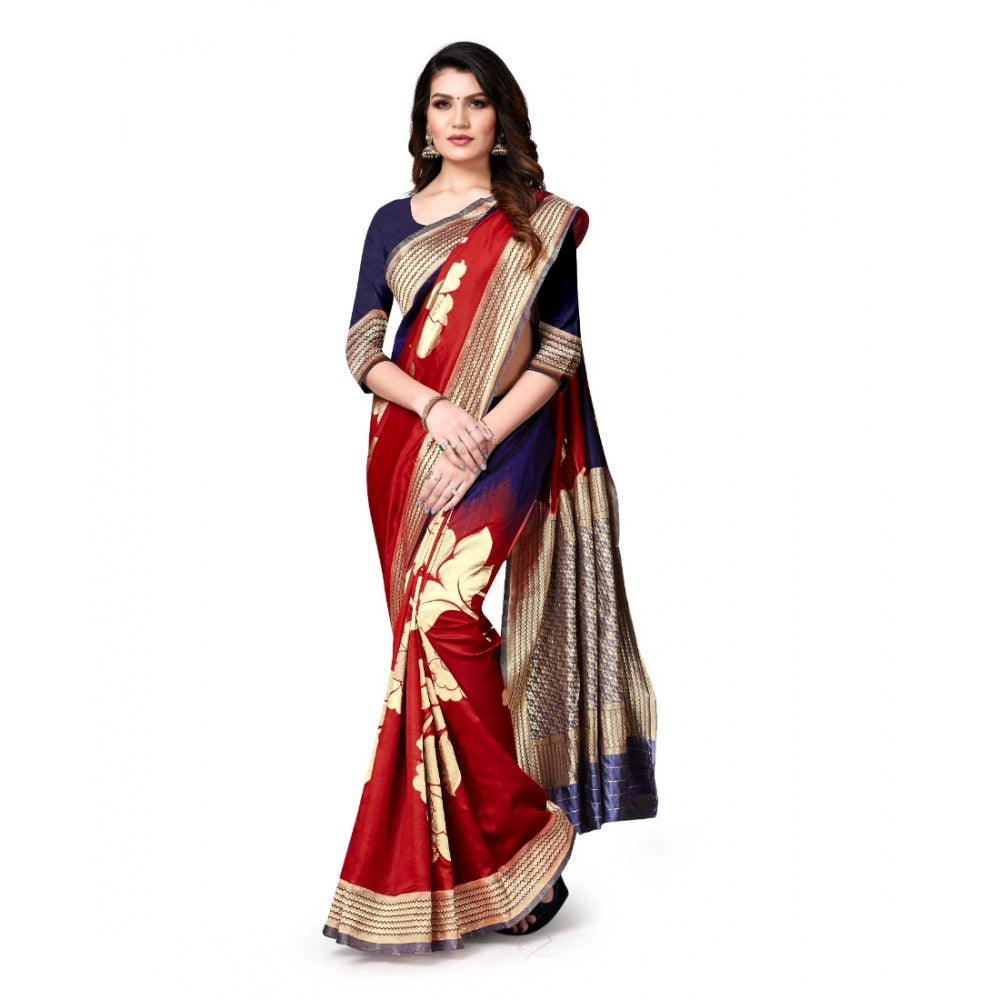 Amfyn Women's Banarasi Silk Saree With Blouse (Navy Blue, Red, 5-6Mtrs)