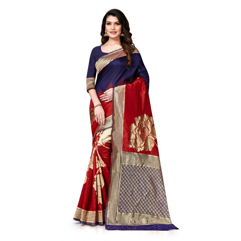 Amfyn Women's Banarasi Silk Saree With Blouse (Navy Blue, Red, 5-6Mtrs)