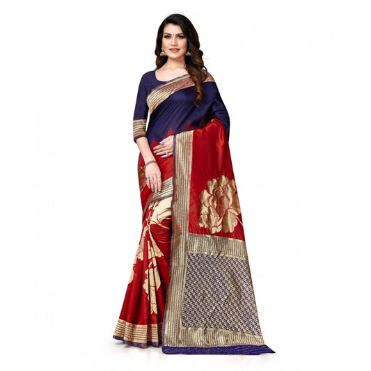 Amfyn Women's Banarasi Silk Saree With Blouse (Navy Blue, Red, 5-6Mtrs)