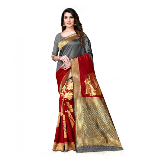 Amfyn Women's Banarasi Silk Saree With Blouse (Grey, Red, 5-6Mtrs)