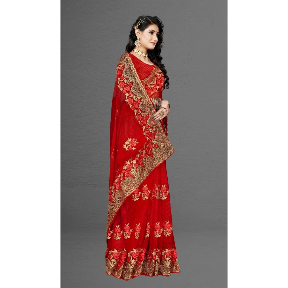 Amfyn Women's Net Saree With Blouse (Red, 5-6Mtrs)