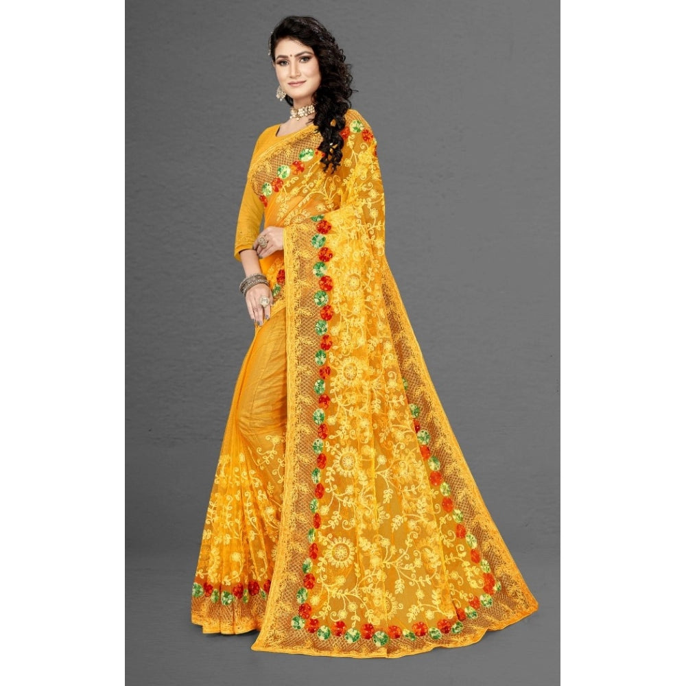 Amfyn Women's Net Saree With Blouse (Yellow, 5-6Mtrs)