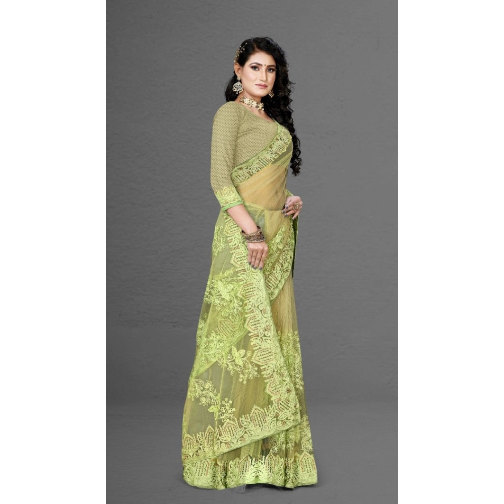 Amfyn Women's Net Saree With Blouse (Pista Green, 5-6Mtrs)