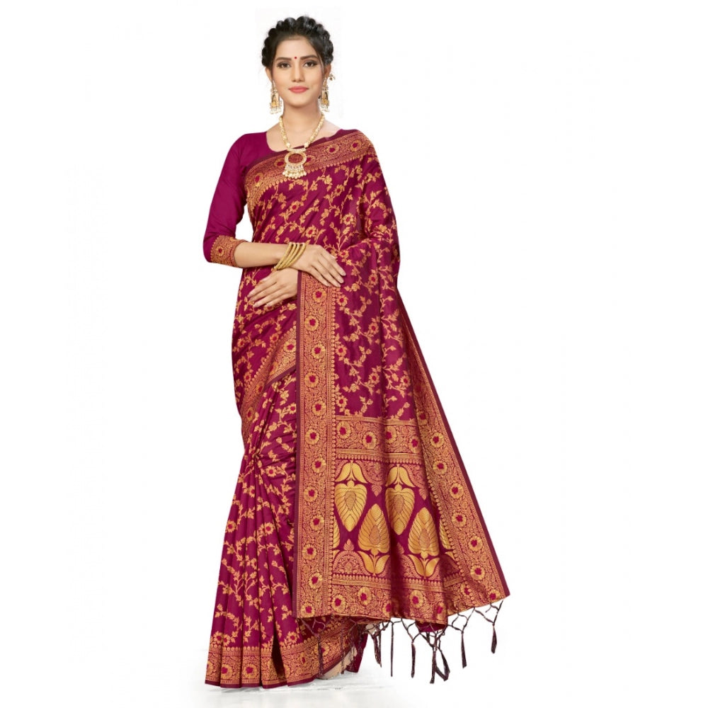 Amfyn Women's Banarasi Silk Saree With Blouse (Wine, 5-6Mtrs)