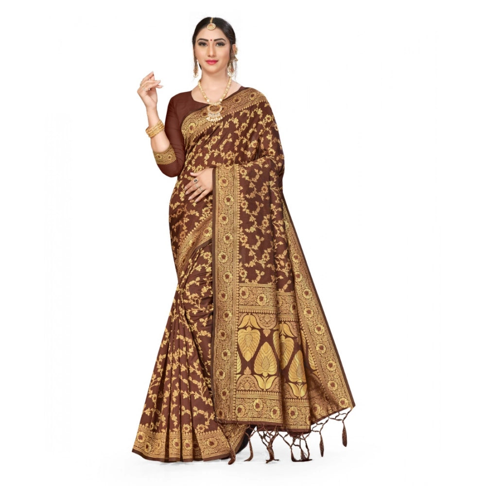 Amfyn Women's Banarasi Silk Saree With Blouse (Coffee, 5-6Mtrs)