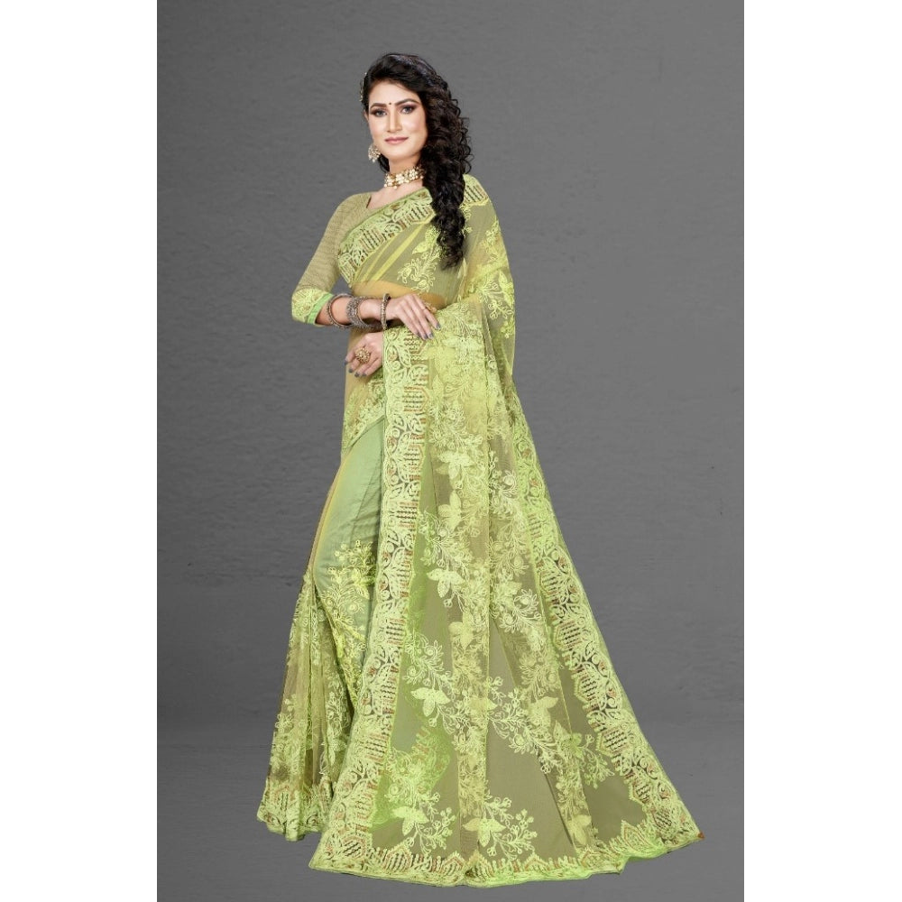 Amfyn Women's Net Saree With Blouse (Pista Green, 5-6Mtrs)