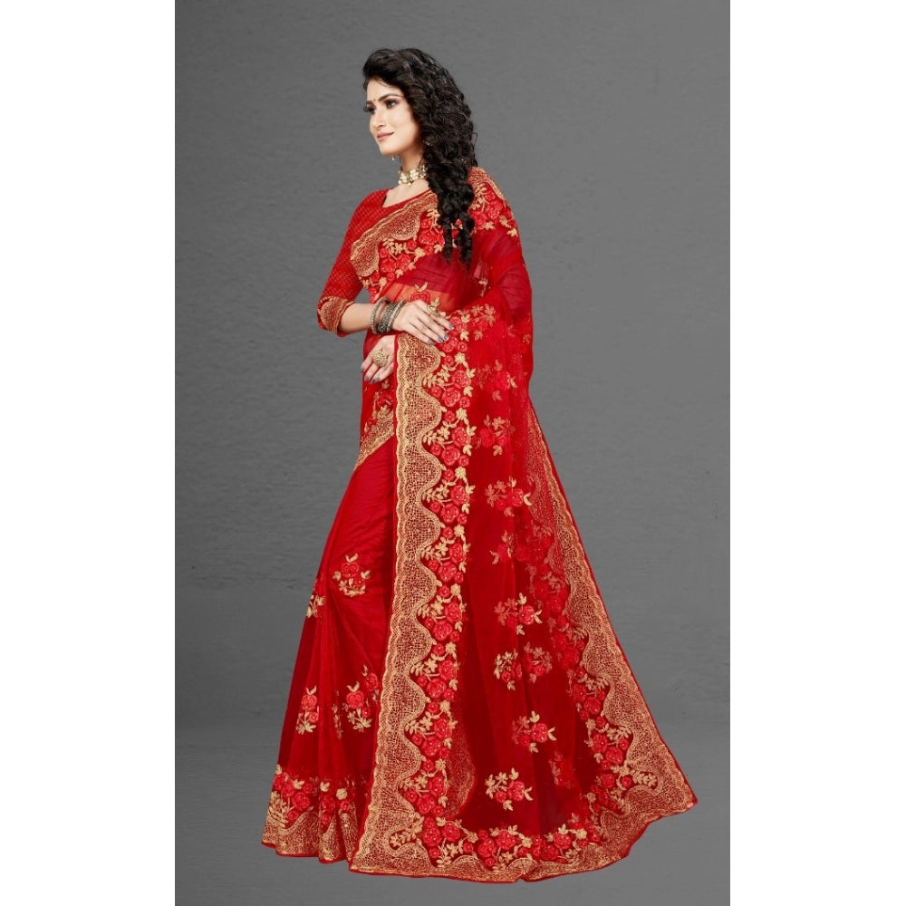 Amfyn Women's Net Saree With Blouse (Red, 5-6Mtrs)