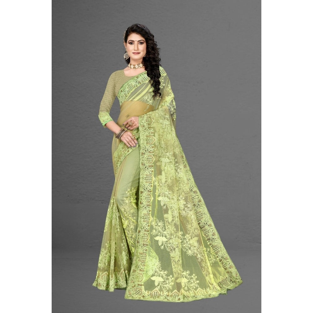 Amfyn Women's Net Saree With Blouse (Pista Green, 5-6Mtrs)