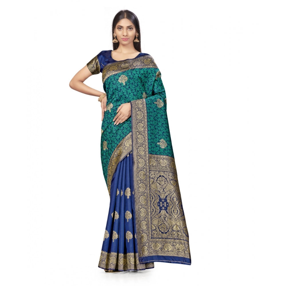 Amfyn Women's Banarasi Silk Saree With Blouse (Navy Blue, Rama, 5-6Mtrs)