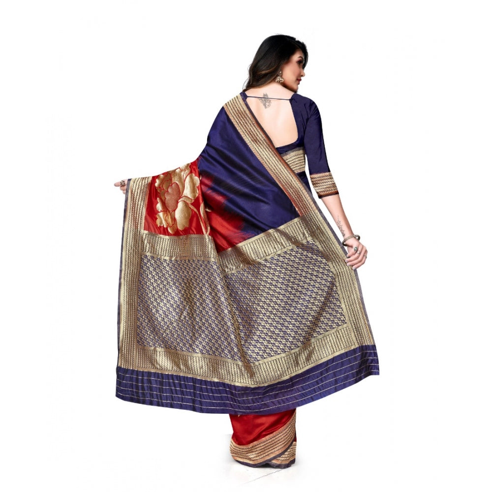 Amfyn Women's Banarasi Silk Saree With Blouse (Navy Blue, Red, 5-6Mtrs)