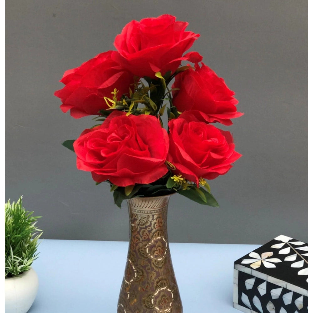 Fashion Artificial Flowers Bunch Bouquet Of 5 Roses For Home Decoration (Red, Material:Silk, Polyester)