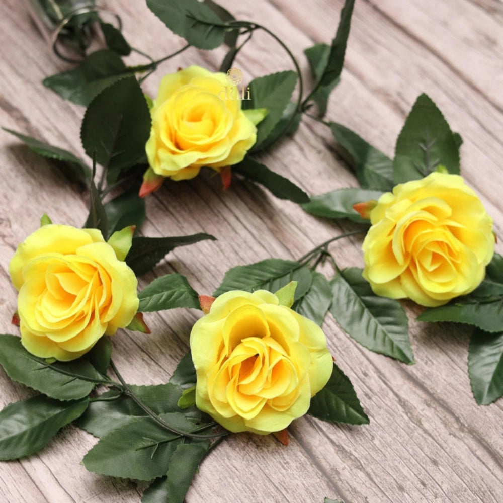 Fashion Artificial Rose Vine Flowers With Green Leaves For Home Party Garden Wall Decoration (Yellow, Material:Silk, Polyester)