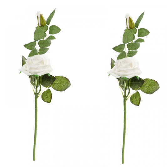 Fashion Pack Of_2 Artificial White Velvet Rose Flower Stem With Bud For Home Decoration (White, Material:Silk, Polyester)