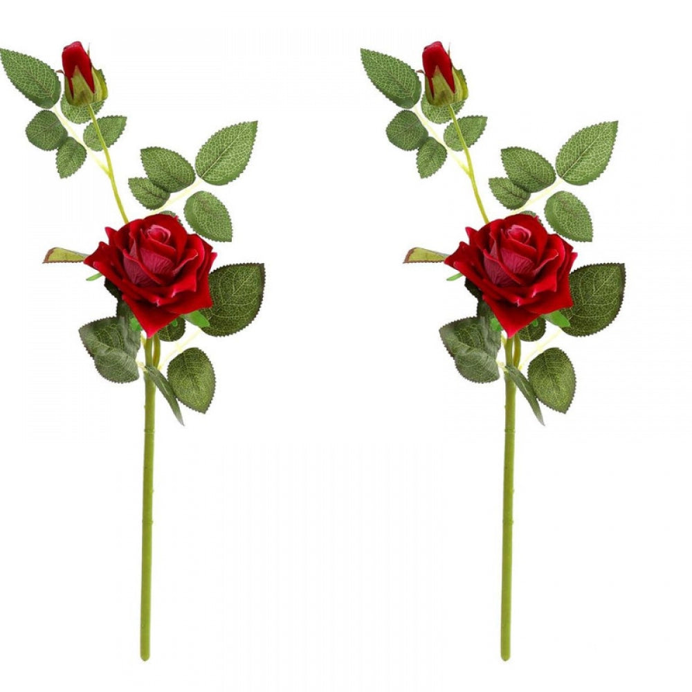 Fashion Pack Of_2 Artificial Rose Red Velvet Rose Flower Stem With Bud For Home Decoration (Red, Material:Silk, Polyester)