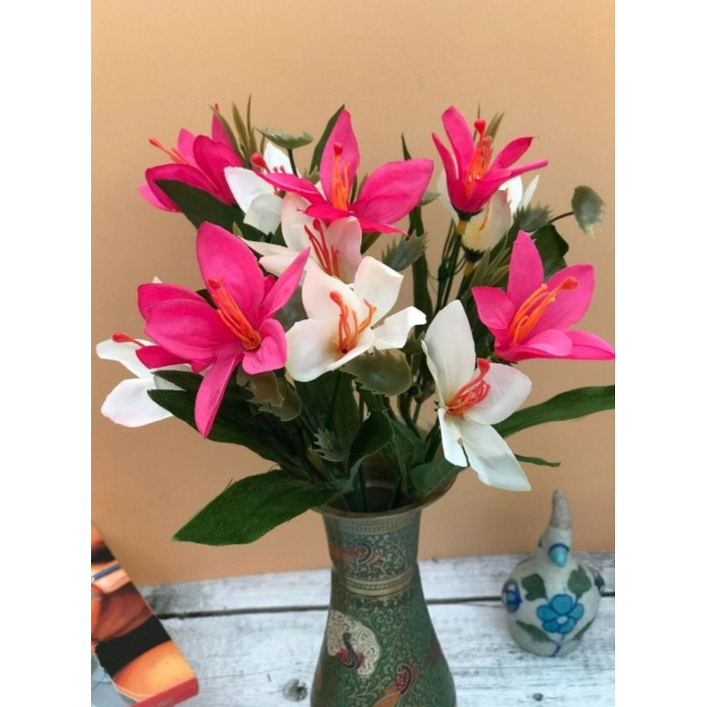 Fashion Artificial Flowers Bunch Bouquet Oflily Flowers For Home Decoration (Pink And White, Material:Silk, Polyester)