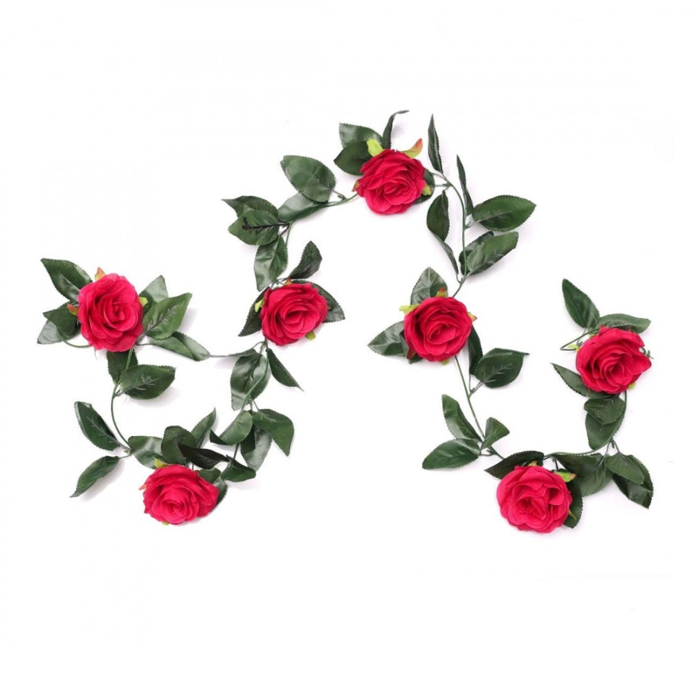 Fashion Artificial Rose Vine Flowers With Green Leaves For Home Party Garden Wall Decoration (Rani Pink, Material:Silk, Polyester)