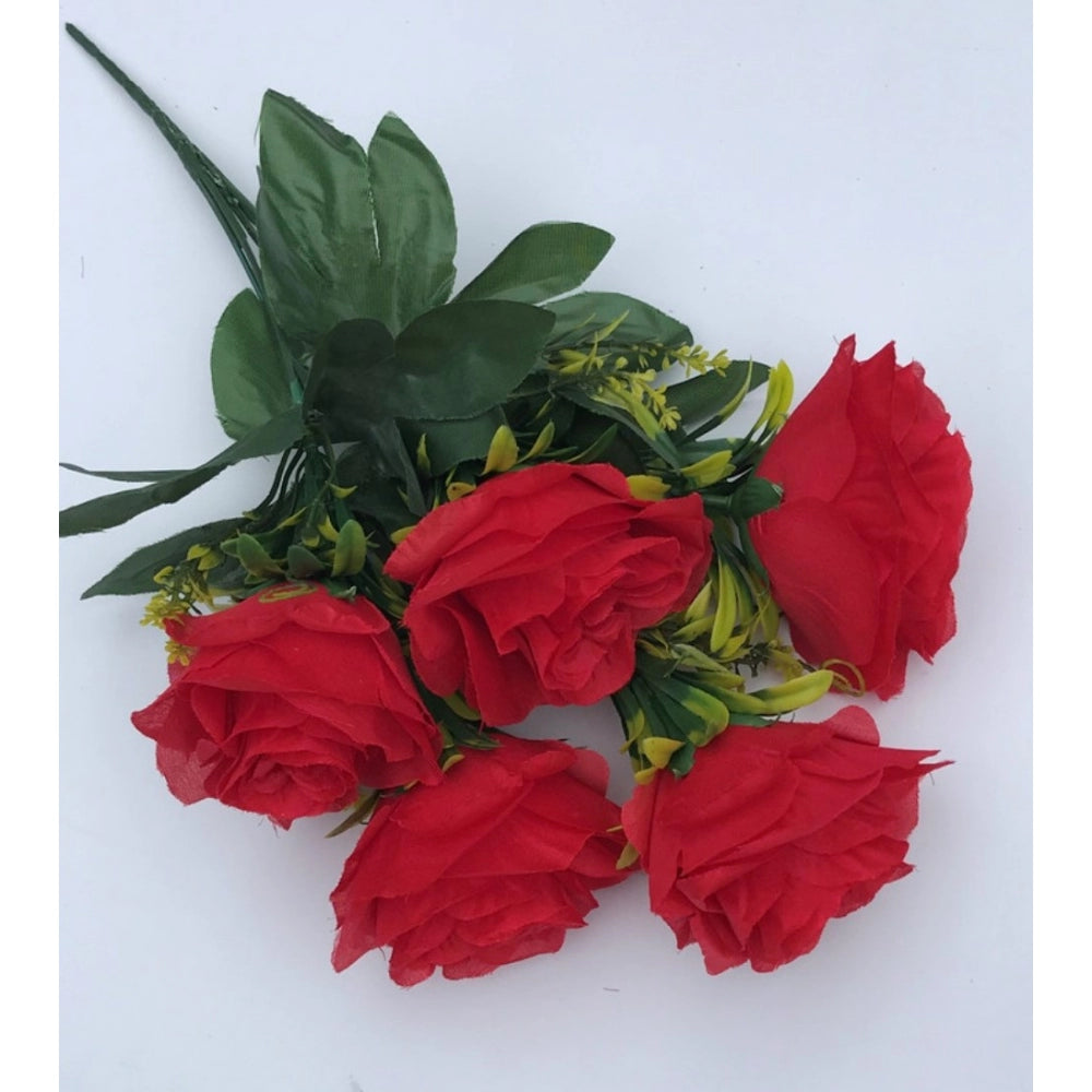 Fashion Artificial Flowers Bunch Bouquet Of 5 Roses For Home Decoration (Red, Material:Silk, Polyester)