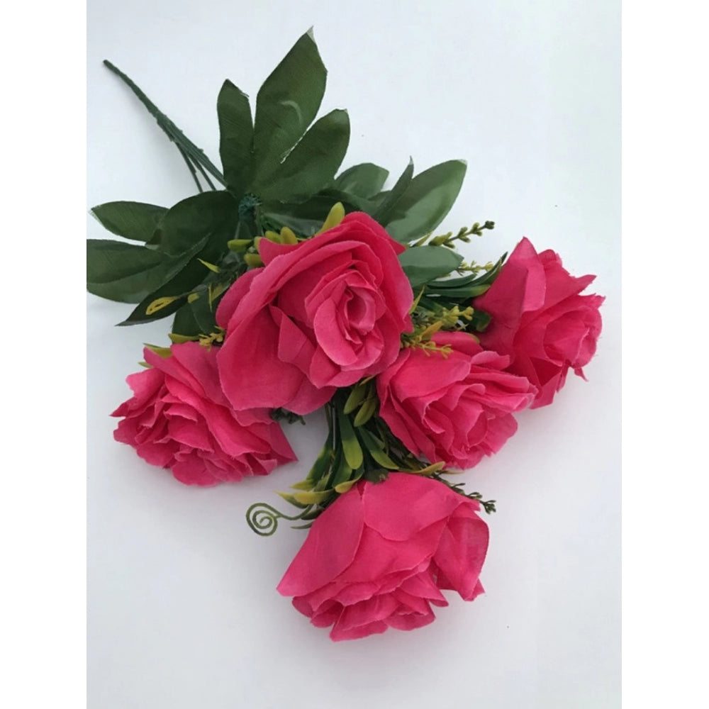 Fashion Artificial Flowers Bunch Bouquet Of 5 Roses For Home Decoration (Dark Pink, Material:Silk, Polyester)