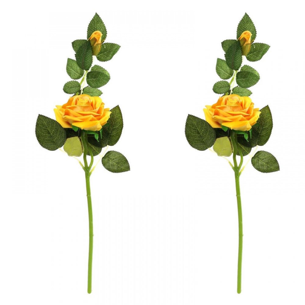 Fashion Pack Of_2 Artificial Yellow Velvet Rose Flower Stem With Bud For Home Decoration (Yellow, Material:Silk, Polyester)