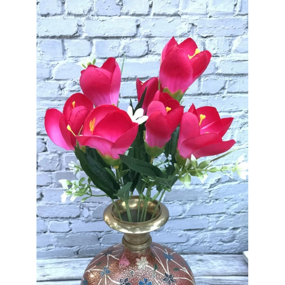 Amfyn Artificial Flowers Bunch Bouquet Of Daffodil Tulip Flowers For Home Decoration (Dark Pink, Material:Silk, Polyester)