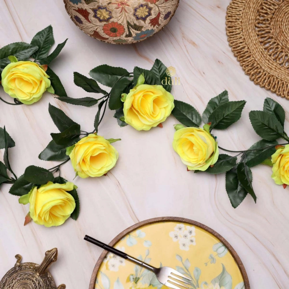 Fashion Artificial Rose Vine Flowers With Green Leaves For Home Party Garden Wall Decoration (Yellow, Material:Silk, Polyester)