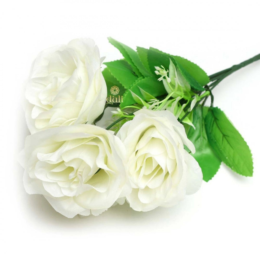 Fashion Artificial Flowers Bunch Bouquet Of 5 Roses For Home Decoration (White, Material:Silk, Polyester)