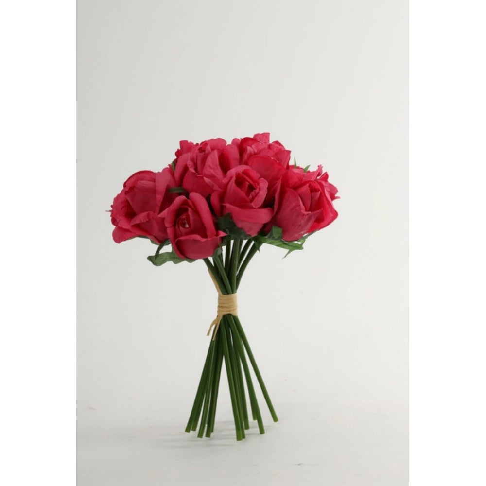 Fashion Artificial Rose Flowers Bunch Bouquet Of 13 Roses For Home Decoration (Dark Pink, Material:Silk, Polyester)