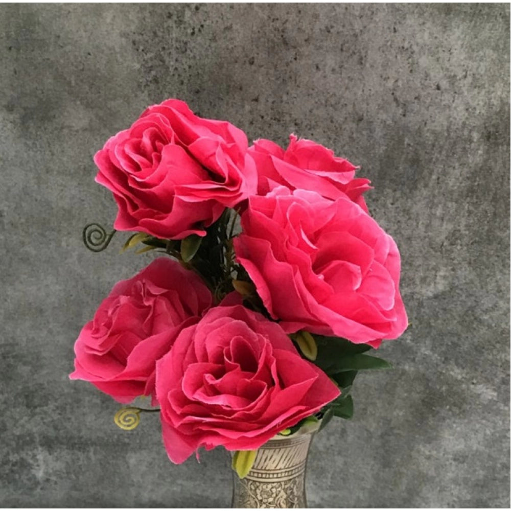 Fashion Artificial Flowers Bunch Bouquet Of 5 Roses For Home Decoration (Dark Pink, Material:Silk, Polyester)