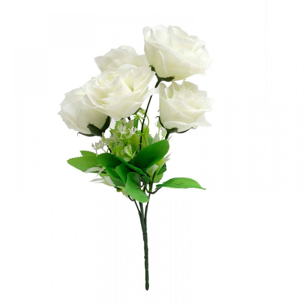 Fashion Artificial Flowers Bunch Bouquet Of 5 Roses For Home Decoration (White, Material:Silk, Polyester)