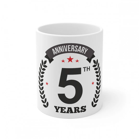 Amfyn Ceramic 5th Anniversary Printed Coffee Mug (Color: White, Capacity:330ml)