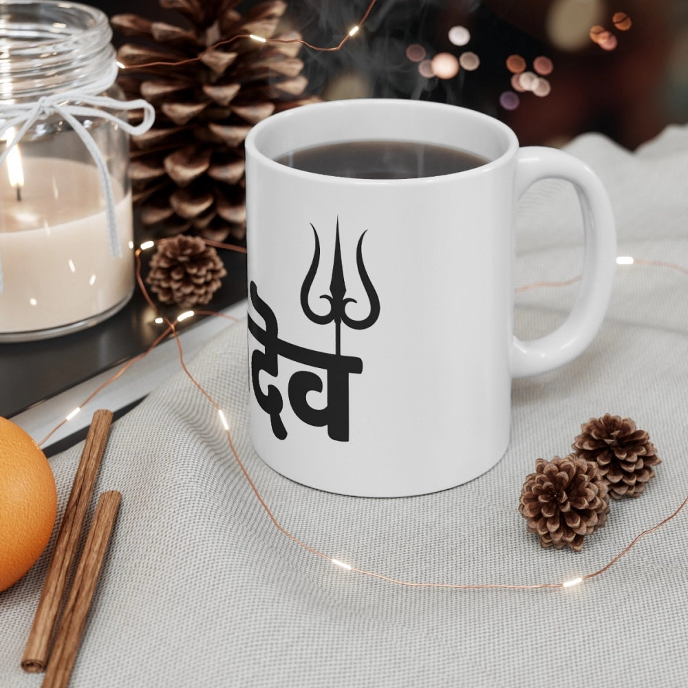 Amfyn Ceramic Har Har Mahadev Printed Coffee Mug (Color: White, Capacity:330ml)